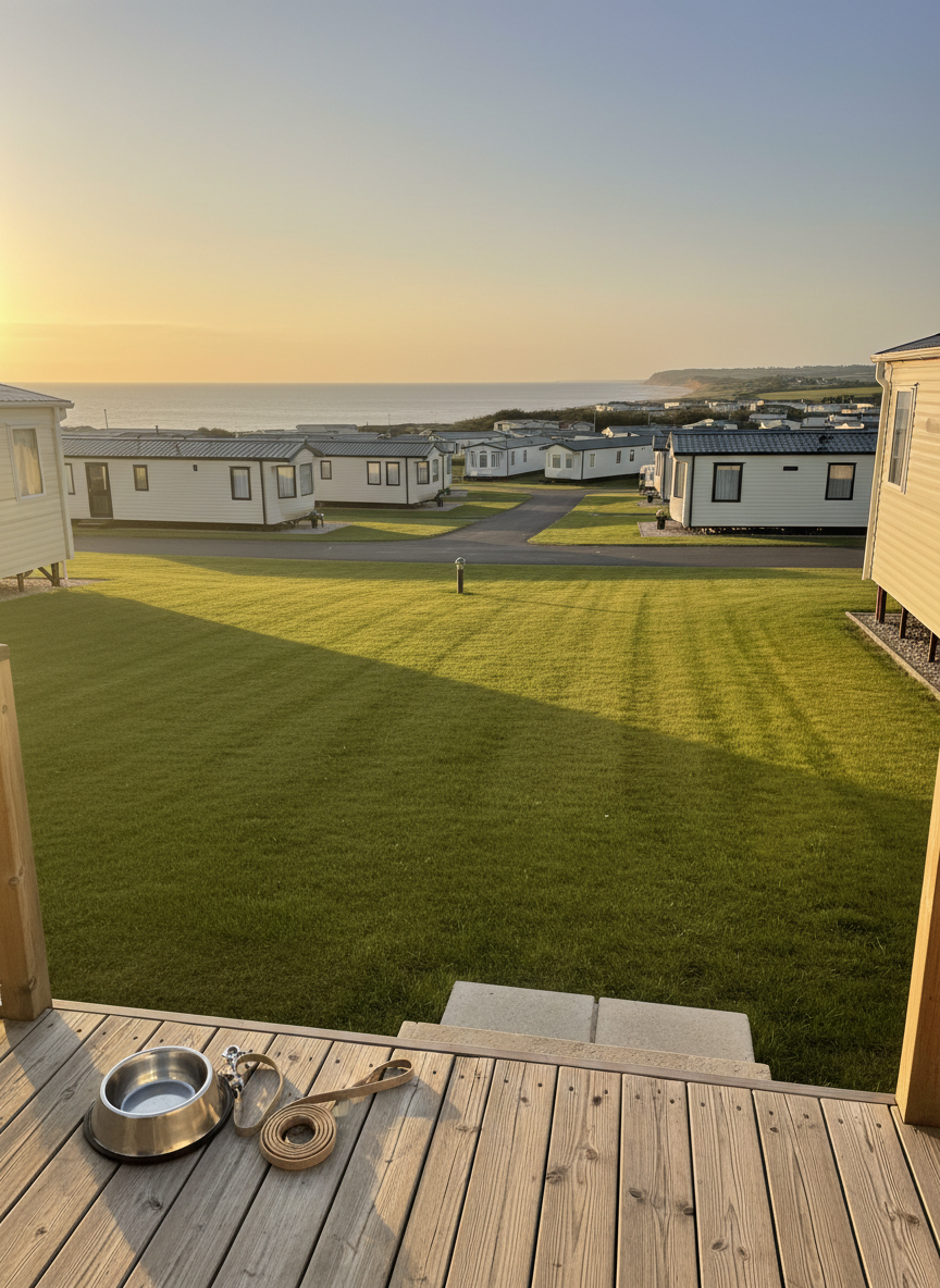A golden-hour panoramic view from just outside a caravan, looking over a gently sloping Norfolk holiday park toward the distant sea near Scratby. In the foreground, a sturdy metal dog bowl and a sandy dog lead rest on the small wooden decking beside the caravan’s cream exterior. The low sun bathes the scene in warm light, casting long, soft shadows across the neatly mown grass and rows of caravans. Photographic realism with a wide-angle composition that captures depth and distance, creating a serene, hopeful mood that emphasizes dog-friendly coastal living and relaxed caravan stays.