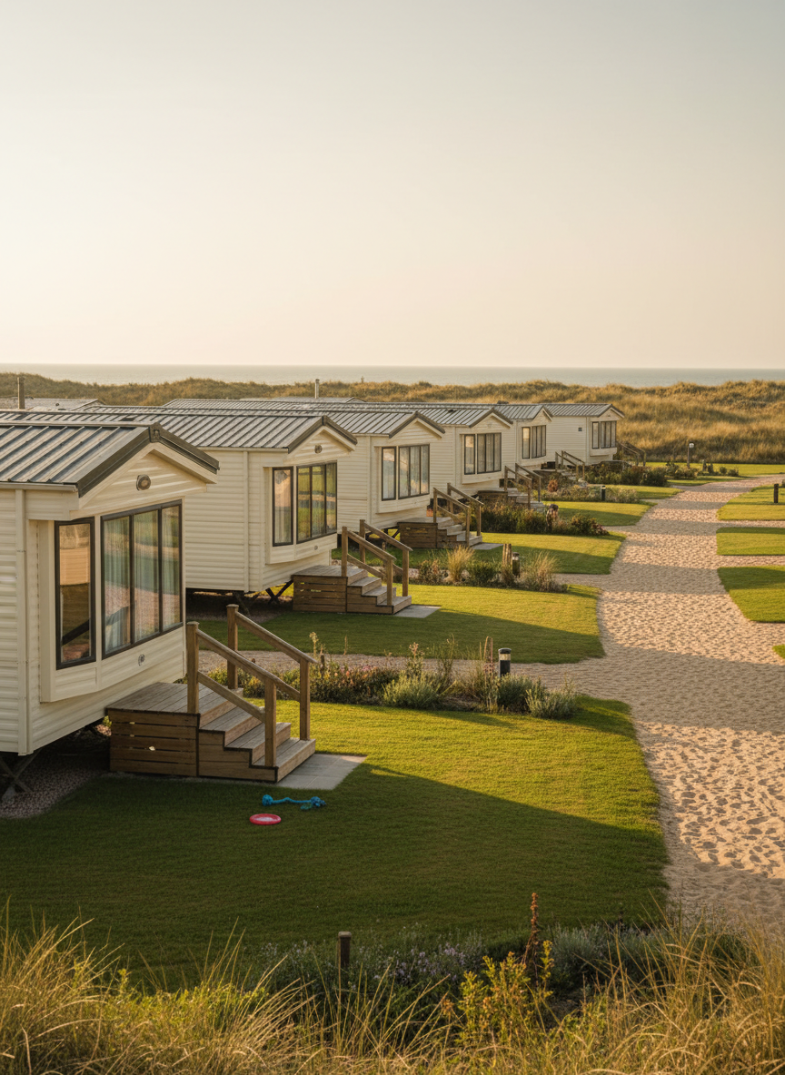 A row of modern, cream-colored static caravans with large front windows and neat wooden steps, set within a well-kept holiday park near California Cliffs in Scratby, Norfolk. A sandy path leads toward distant dunes and a glimpse of the sea on the horizon. Lush green grass and low coastal shrubs line the pitches, with a couple of brightly colored dog toys left on the ground. Captured in warm late-afternoon sunlight that casts long, playful shadows and gives the caravans a soft glow. Photographic realism from an eye-level angle, with sharp focus throughout, creating a welcoming, family-friendly atmosphere that feels relaxed and inviting.