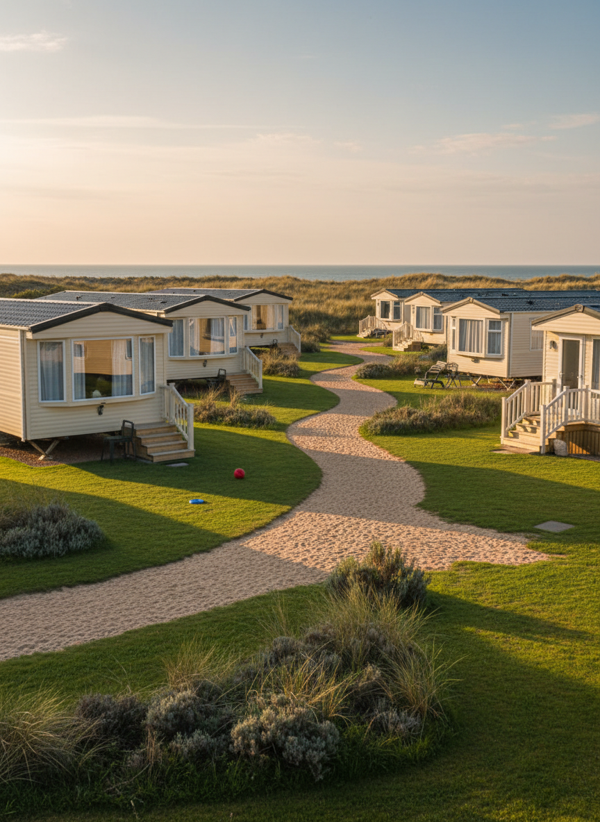 A row of modern, cream-colored static caravans with large front windows and neat wooden steps, set within a well-kept holiday park near California Cliffs in Scratby, Norfolk. A sandy path leads toward distant dunes and a glimpse of the sea on the horizon. Lush green grass and low coastal shrubs line the pitches, with a couple of brightly colored dog toys left on the ground. Captured in warm late-afternoon sunlight that casts long, playful shadows and gives the caravans a soft glow. Photographic realism from an eye-level angle, with sharp focus throughout, creating a welcoming, family-friendly atmosphere that feels relaxed and inviting.