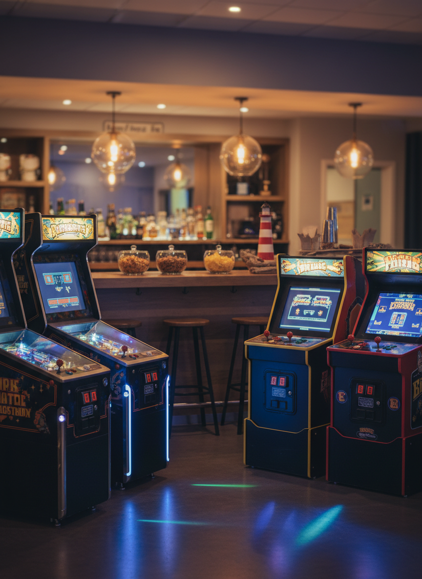 A cozy evening entertainment complex at a caravan park near California Cliffs, featuring a small arcade area with softly glowing machines and a relaxed bar in the background. Neon lights from the arcade games cast colorful reflections on the polished floor, while warm pendant lighting over the bar creates an inviting contrast. On the bar counter, bowls of snacks and a few decorative coastal elements like miniature lighthouses and shells hint at the seaside location. Photographic realism, shot at eye level with a moderate depth of field so the arcade is in focus and the bar gently blurred, evoking a playful, sociable yet calm atmosphere without showing any people.