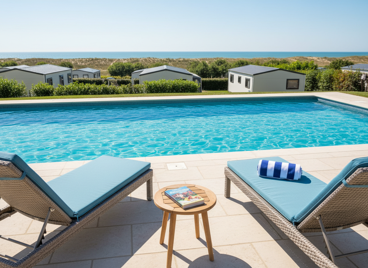An inviting view of the onsite heated swimming pool at a Norfolk coastal holiday park, captured on a bright, clear day. The turquoise water glistens in crisp sunlight, with gentle ripples catching the light and casting playful reflections on the surrounding pale stone poolside. A pair of neatly arranged loungers sit near the edge, next to a small table with a closed book and a rolled-up striped towel. In the background, you can glimpse the tops of caravans and hints of the nearby coastline. Photographic realism from a slightly elevated angle, with vibrant, cheerful colors and a clean, family-friendly atmosphere.