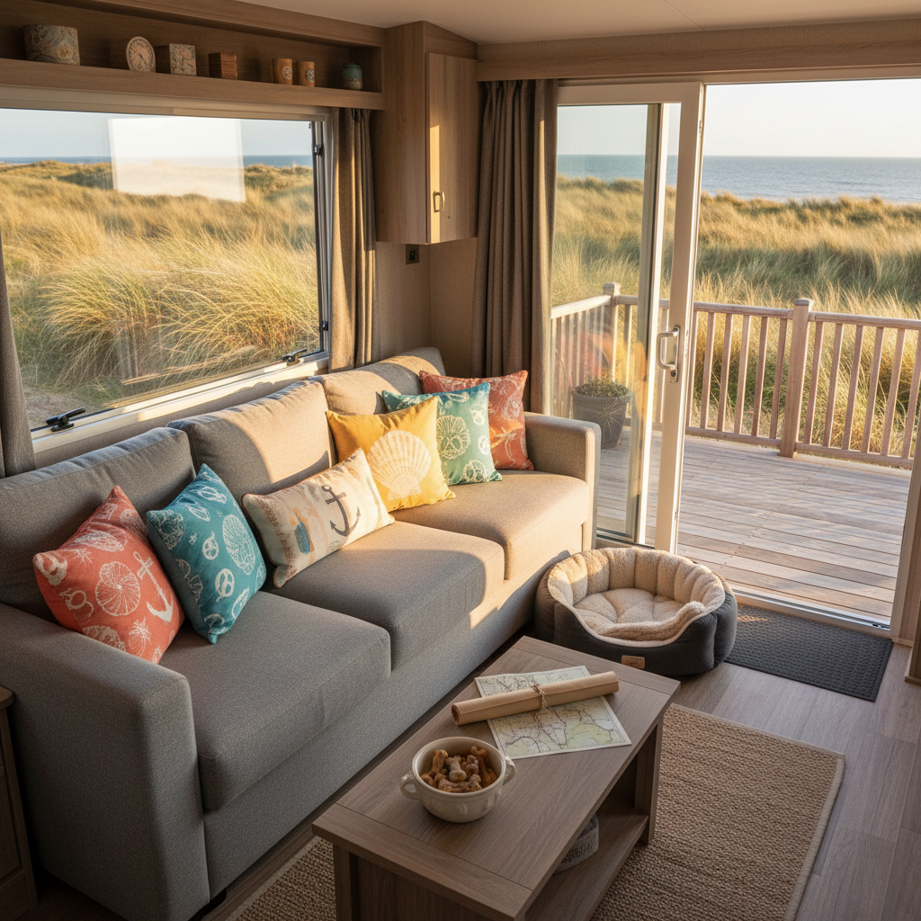 The interior of a stylish, dog-friendly caravan living area, featuring a soft gray L-shaped sofa with colorful, beach-themed cushions and a cozy dog bed tucked beside a large sliding door. A small wooden coffee table holds a bowl of dog treats and a coastal map. Through the open door, you can see sunlit decking with a glimpse of dunes and sea grass beyond. Gentle golden hour light streams in, creating warm highlights on the neutral fabrics and wood textures. Photographic realism, shot from a slightly elevated corner angle to show the whole space, with a bright, playful mood and a tidy yet lived-in feel.