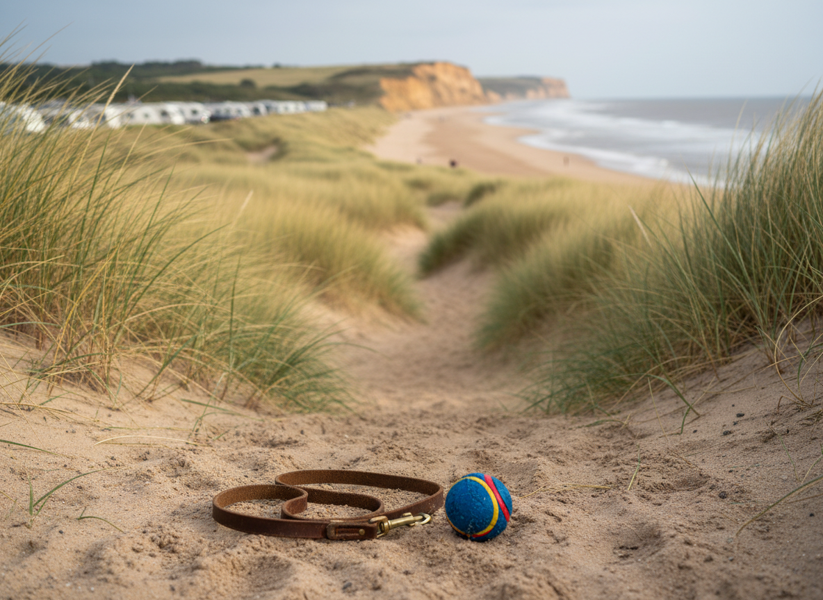 A playful coastal dog-walk scene near California Cliffs, Scratby, showing a sandy path through low dunes leading to a wide, gently sloping Norfolk beach. A sturdy, well-used lead and a brightly colored dog ball lie in the foreground on the sand, hinting at recent play. Tufts of marram grass sway in a light breeze under soft, diffused afternoon light from an overcast sky, creating gentle shadows and muted tones. Photographic realism with a shallow depth of field, focusing on the lead and ball while the waves and distant caravan roofs blur softly, evoking a relaxed, dog-friendly seaside escape.